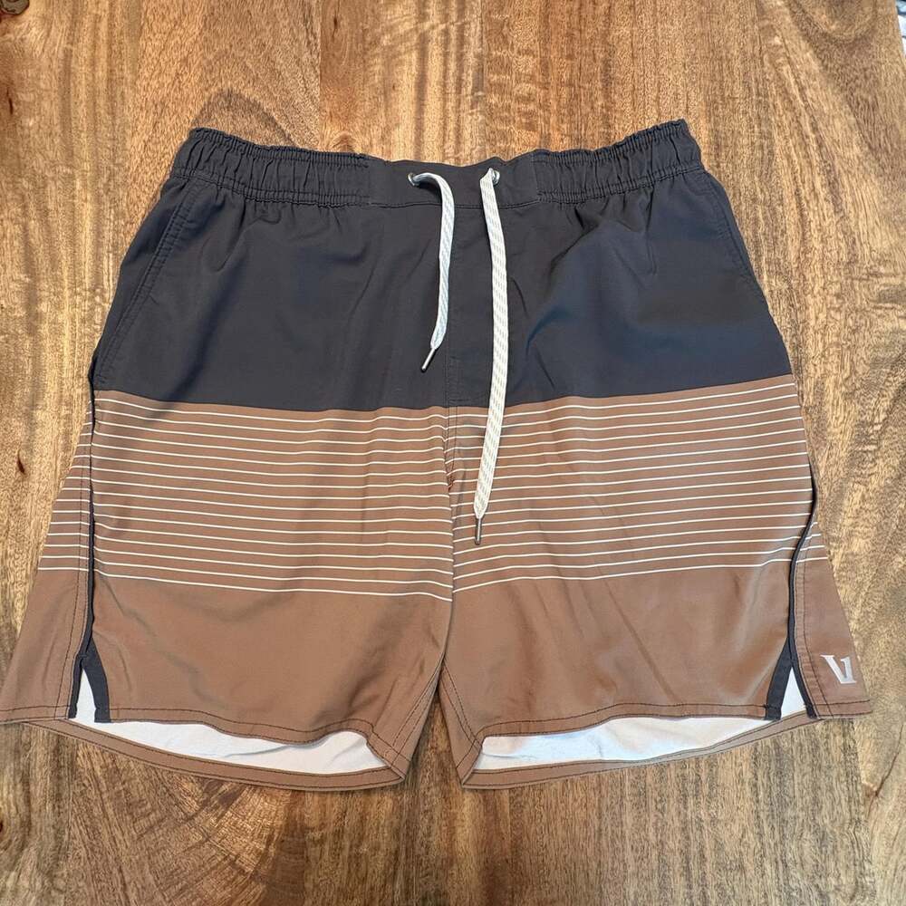 Vuori Shorts Mens 32 Brown Striped Swim Trunks Drawstring Zip Pocket
